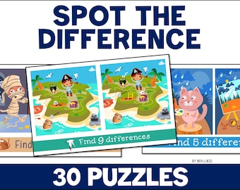 Spot the Difference Printable Activities, 30 Puzzles, Kids Challenge, Educational Activity, Fun Brain Game, Printable PDF Worksheets