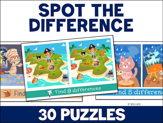 Spot the Difference Printable Activities, 30 Puzzles, Kids Challenge, Educational Activity, Fun Brain Game, Printable PDF Worksheets