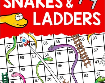 印刷可能なヘビとはしごボードゲーム、家庭や学校で子供たちが楽しめる定番ファミリーゲーム、ヘビとはしごの印刷可能なPDFデジタルダウンロード