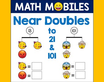 May include: A math mobile activity with two sets of near doubles. The first set has a number 13 at the top and the second set has a number 101 at the top. The numbers 21 and 101 are written in blue. The mobile has a series of emojis with different expressions.