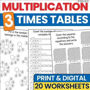 3 Times Table Multiplication Worksheets, 3rd Grade Math Fluency Practice, Multiply by 3 Homeschool Sheets, Printable PDF Digital Download