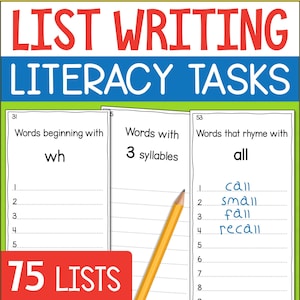 List Writing Tasks for Writing Practice - Spelling, Rhyming, Syllables, Parts of Speech, Letters and Sounds etc for ELA & Writing Centers