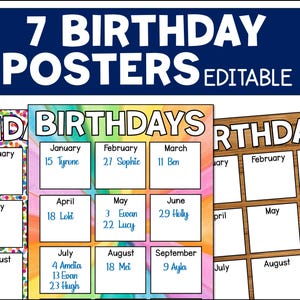 Verjaardagskaartposters voor thuis of op school, verjaardagstracker voor vroege kalendervaardigheden, datums en maanden van het jaar, afdrukbare pdf-download