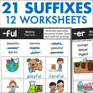 Suffix Worksheets & Activities – 21 Suffixes, No-Prep Print + Digital Word Work for School and Homeschool Grammar, Grades 1-3, Printable ELA