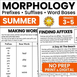 May include: A morphology educational worksheet for grades 3-5 titled Summer. It features sections for making words with prefixes, suffixes, and base words, plus a Finding Affixes activity with a passage titled A Day At The Beach and a sun graphic.