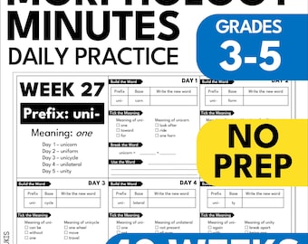 May include: A workbook titled "Morphology Minutes Daily Practice" for grades 3-5. The cover features the text "Week 27" and "Prefix: uni-" with the meaning "one." The workbook includes exercises for building words and understanding prefixes. The words "No Prep" and "40 Weeks" are also visible.