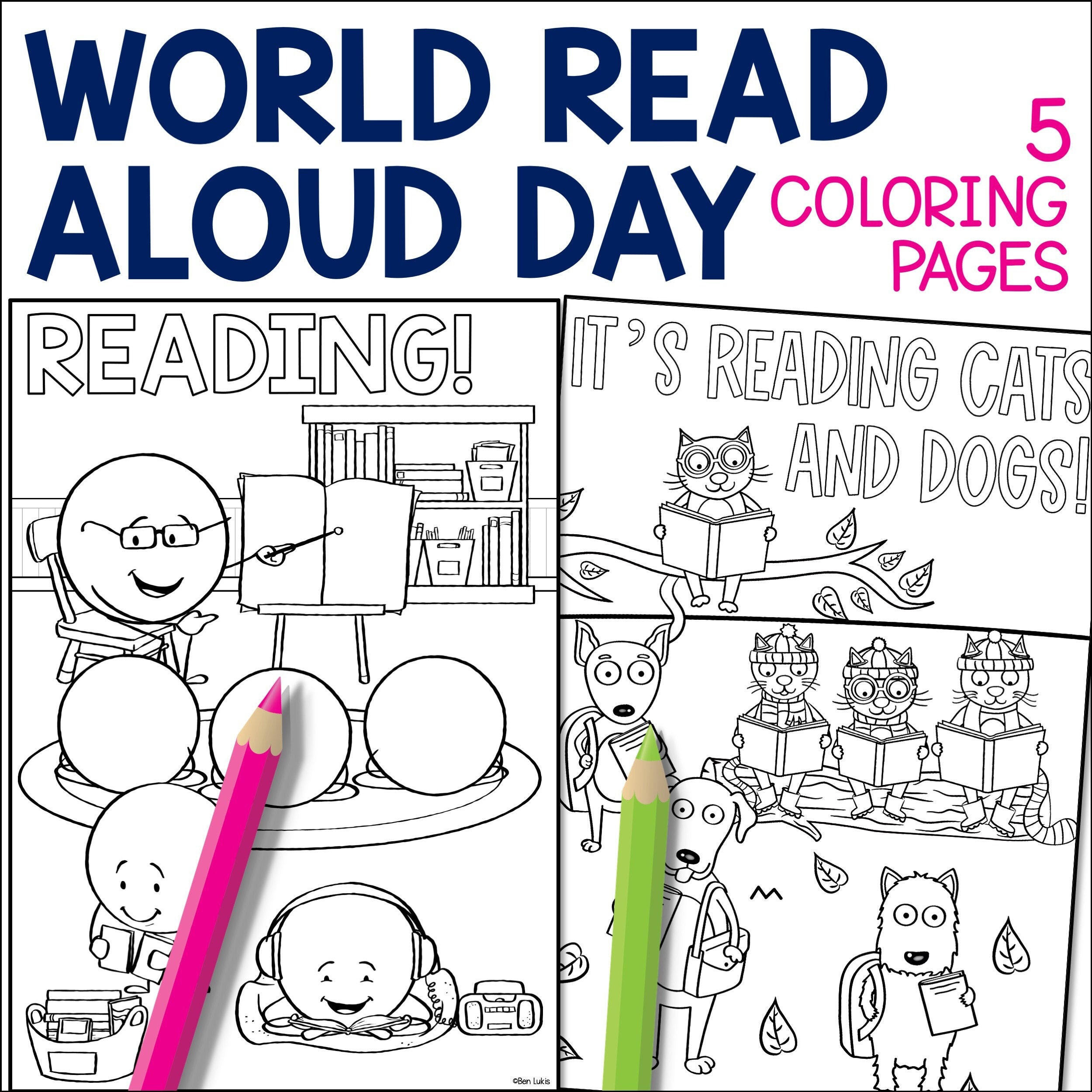 World Read Aloud Day Printable Coloring Pages, Kids Educational Activity, Reading Cats and Dogs