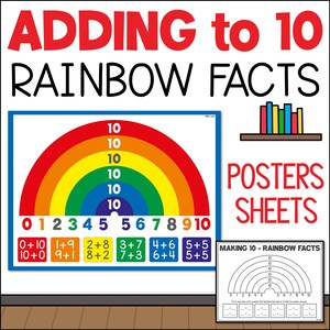 Addition to 10 Number Bonds Printable Poster and Math Fluency Worksheet, Rainbow Facts Classroom Wall Poster & Sheet, Homeschool Learning