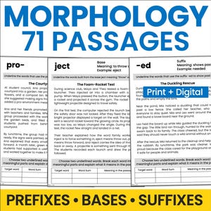 Brani di lettura sulla morfologia per le classi dalla terza alla quinta elementare / Schede di lavoro su prefissi, suffissi e parole base / Studio del vocabolario con affissi e morfemi / Versione stampabile e digitale