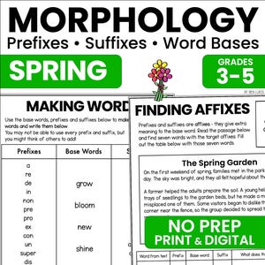 Spring Morphology Worksheets | Prefixes Suffixes & Base Words Activities | 3rd 4th 5th Grade Literacy | Printable PDF Grammar Packet