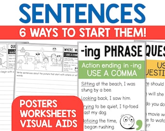 Sentence Writing Prompts, Worksheets and Posters (Printable PDF)