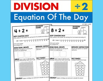 Division by 2 Worksheets, Equation of the Day (Printable PDF)