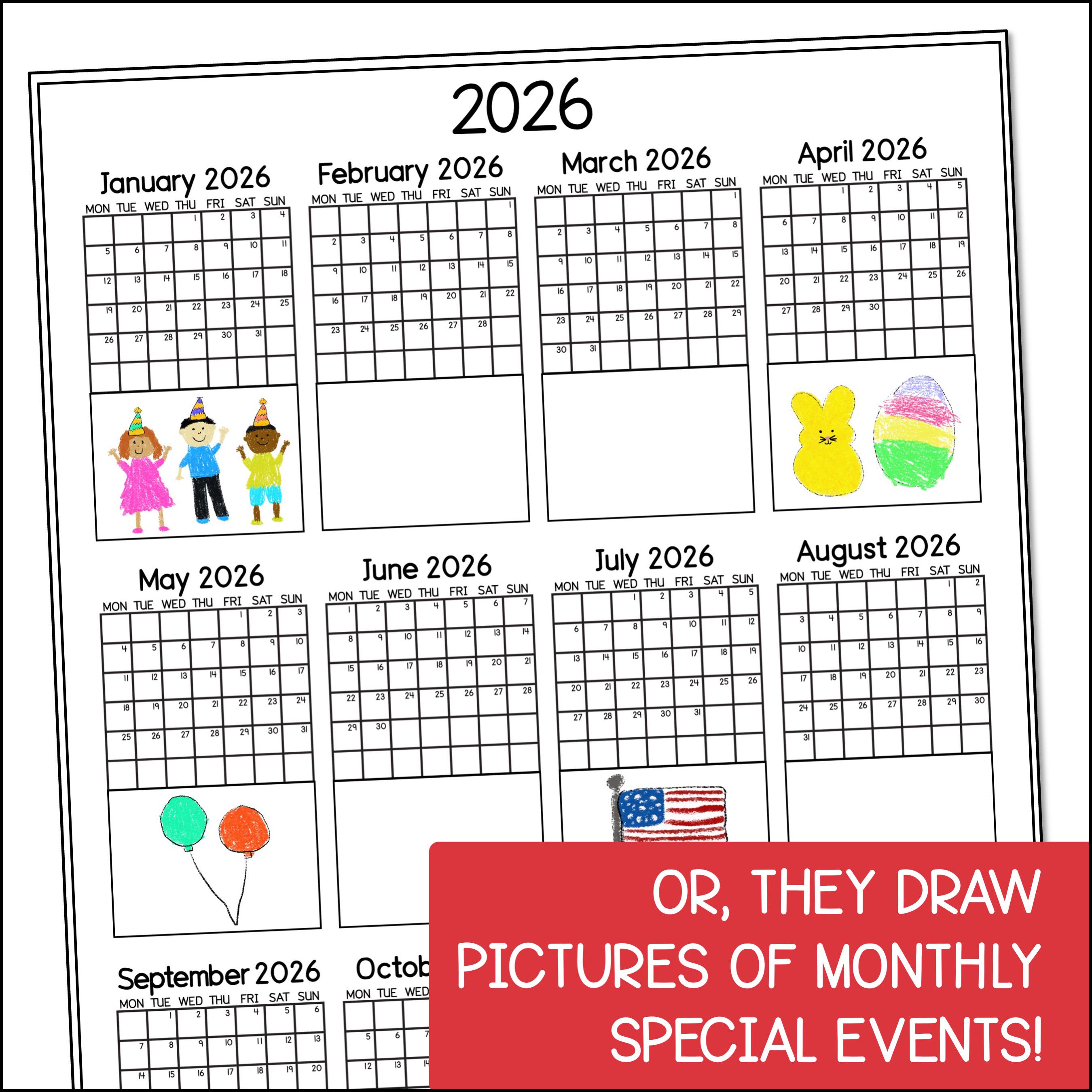 2026 Calendar Template for Kids, Printable Monthly Planner (digital ...