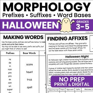 May include: A black and white educational worksheet titled Morphology: Prefixes, Suffixes, Word Bases for grades 3-5. It features a cartoon ghost, a Making Words section with prefixes and base words, and a Finding Affixes section with a Halloween Night passage.