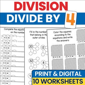 Hojas de ejercicios de división: Divide entre 4 / Práctica de matemáticas para 2.º, 3.º y 4.º grado / Actividad imprimible en PDF para educación en casa / Cuaderno de ejercicios para practicar la fluidez en las operaciones de división