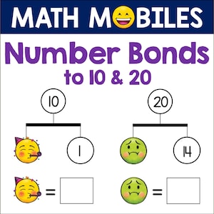 Op de afbeelding: Een uitprintbaar werkblad voor kinderen om te oefenen met getalbindingen tot 10 en 20. Het werkblad heeft een mobiel met twee kanten. Eén kant heeft een geel smiley-gezicht met een feestmuts en de andere kant heeft een groen smiley-gezicht met een frons. Het werkblad bevat de getallen 10, 20, 1, 14 en lege vakjes die de leerlingen kunnen invullen met de ontbrekende getallen.