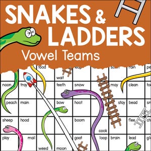 Może przedstawiać: Plansza do gry w Węże i Drabiny z siatką słów, drabinami i kreskówkowymi wężami. Na planszy widnieje napis "Snakes & Ladders Vowel Teams" u góry. Gra jest przeznaczona do celów edukacyjnych.