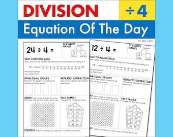 Division by 4 Worksheets, Daily Math Practice (Printable PDF)
