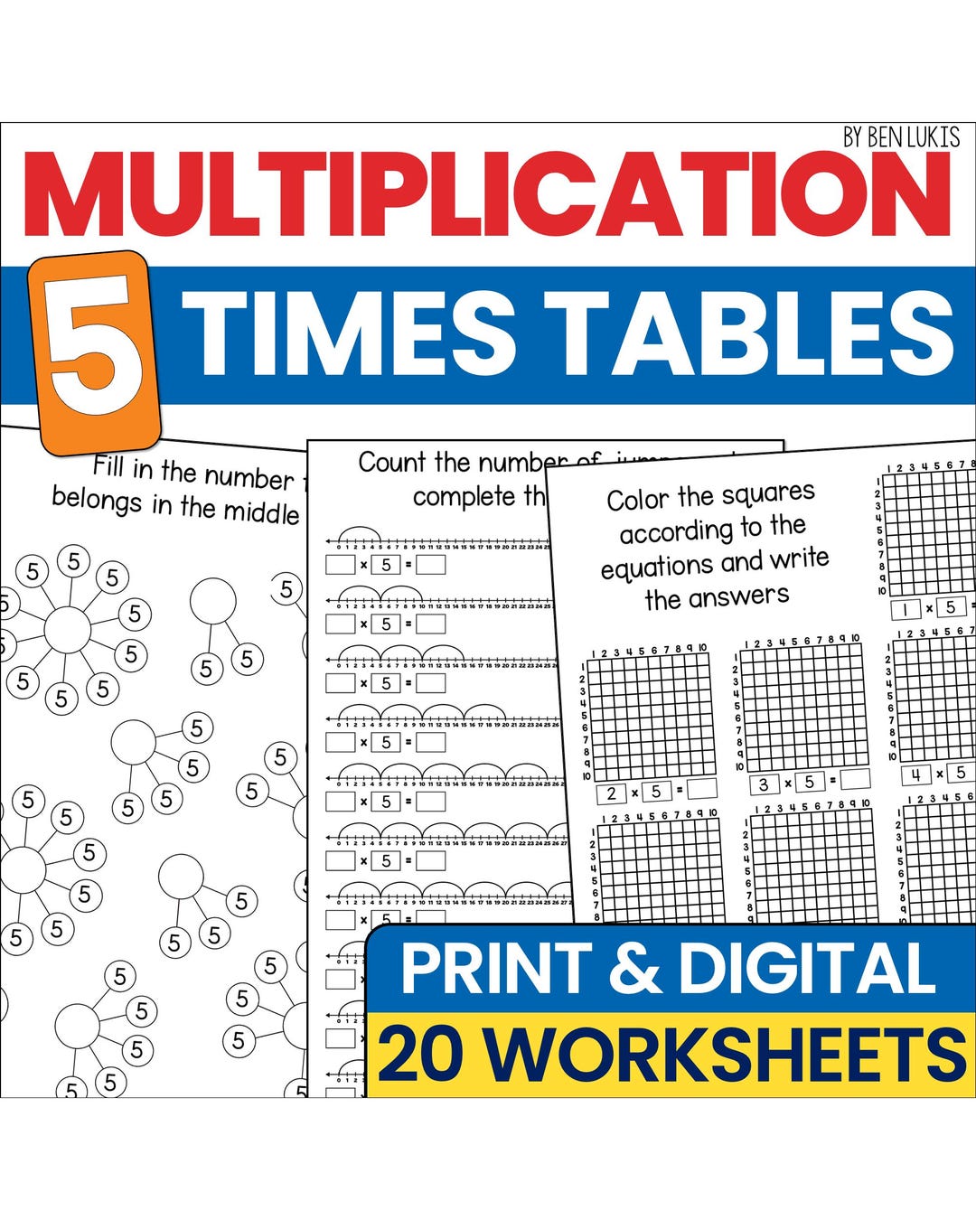 5 Times Table Multiplication Worksheets, Multiply by 5 Math Fluency ...