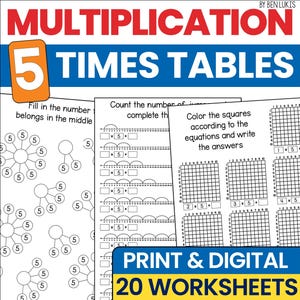 Hojas de ejercicios de multiplicación de la tabla del 5, cuaderno de práctica de fluidez matemática para multiplicar por 5, descarga digital en PDF imprimible para educación en casa, 3.er grado