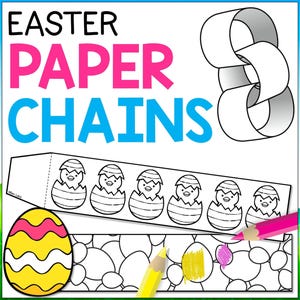 May include: Black and white printable Easter paper chain craft with the text "Easter Paper Chains". The craft features a chick hatching from an egg.