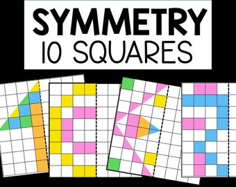 May include: A worksheet with the title "Symmetry 10 Squares". The worksheet has four examples of symmetrical patterns on a grid. Each pattern is divided by a dashed line.