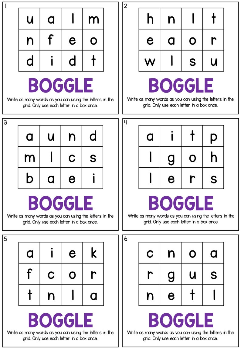 Boggle Cards for Spelling and Making Words, Printable PDF Boggle ...
