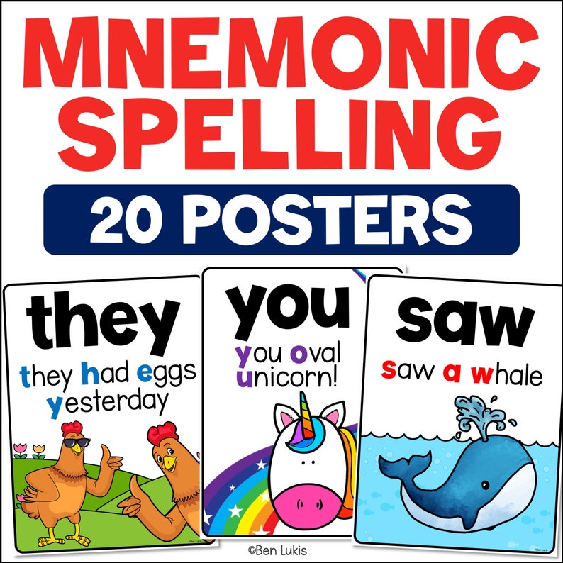Mnemonic Spelling Posters for 20 Sight Words, Homeschool Spelling 