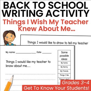 Things I Wish My Teacher Knew About Me, Back to School Writing Prompt, First Day of School Activity, Student Reflection Sheets, PDF Download