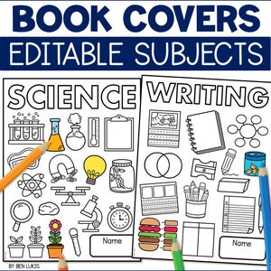 Portadas de libros editables para la escuela, portadas de libros de materias imprimibles para colorear, archivo de descarga digital, versiones tamaño A4 y carta, páginas para colorear