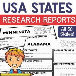 May include: Black and white printable worksheet for researching US states. The worksheet includes sections for fast facts, special events, animal emblem, other emblem, and natural features. The worksheet is titled "Minnesota" and "Alabama". The text "All 50 States!" is in a blue box.