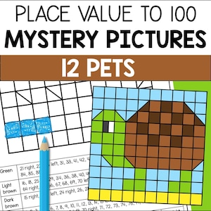 Place Value Pet Mystery Picture Math Worksheets, Place Value Pet Coloring on Hundred Chart Grids, Numbers to 100 Printable PDF Activities