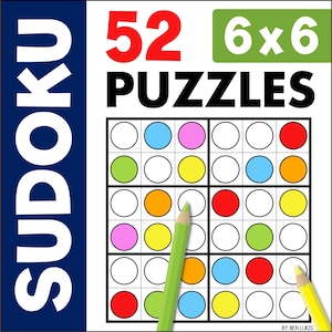 May include: A colourful 6x6 Sudoku puzzle with 52 puzzles. The puzzle has circles with different colours, including red, orange, yellow, green, blue, and pink. Two pencils are shown on the bottom right corner of the image.