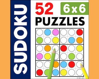 May include: A colourful 6x6 Sudoku puzzle with 52 puzzles. The puzzle has circles with different colours, including red, orange, yellow, green, blue, and pink. Two pencils are shown on the bottom right corner of the image.
