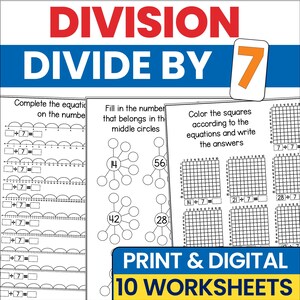 Dividieren durch 7 Arbeitsblätter | 4.5 Klasse Mathepraxis | Druckbare PDF Homeschool Aktivität Arbeitsbuch | Teilung Facts Fluency Sheets
