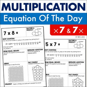 7 feuilles d'exercices pratiques sur la table de multiplication, multiplication par l'équation du jour (PDF imprimable)