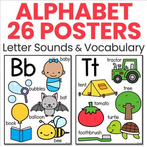 教室用アルファベットポスター（A～Z）、印刷可能なPDF形式の幼児向けアルファベット壁飾り、文字の音表、幼稚園向け単語壁、ESL用印刷物