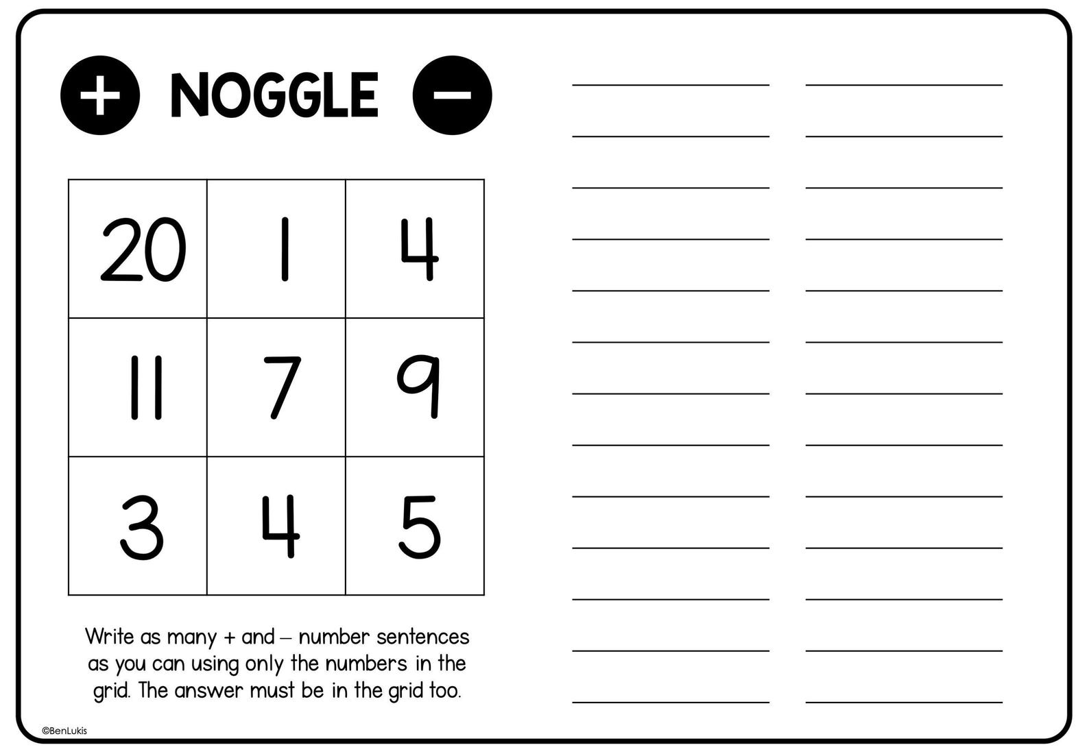 Addition and Subtraction Math Game, Noggle - Math Boggle, Printable ...