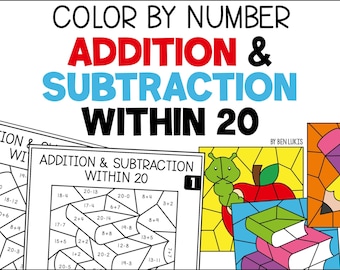 Color by Number Addition and Subtraction within 20 Worksheets, Math Number Facts Practice, Homeschool Math PDF Sheets, Printable PDF