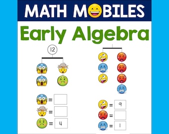 May include: A math mobile activity for early algebra. The mobile has two sides, each with a different set of emojis. The left side has three emojis, with the bottom emoji equal to 4. The right side has four emojis, with the bottom emoji equal to 1. The total value of the left side is 12, and the total value of the right side is 9.