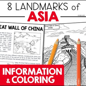 Bezienswaardigheden van Azië, feiten over geografie Informatie en kleurplaten: de Chinese muur, de Mount Everest, de Gobi-woestijn, Burj Khalifa en meer