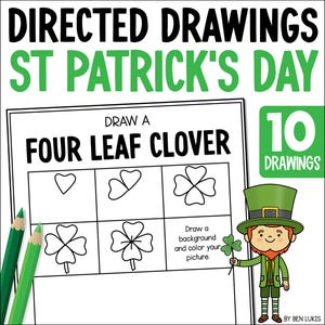 Puede incluir: Una hoja de trabajo imprimible con instrucciones para dibujar un trébol de cuatro hojas. La hoja de trabajo está dividida en cuatro secciones con instrucciones paso a paso para dibujar un trébol. La hoja de trabajo también incluye un duendecillo que lleva un sombrero verde y sostiene un trébol de cuatro hojas.