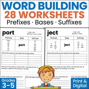 Morphology Worksheets, Greek and Latin Bases, Prefixes Suffixes Word Building Activities, Vocabulary Word Study, Printable PDF Google Slides