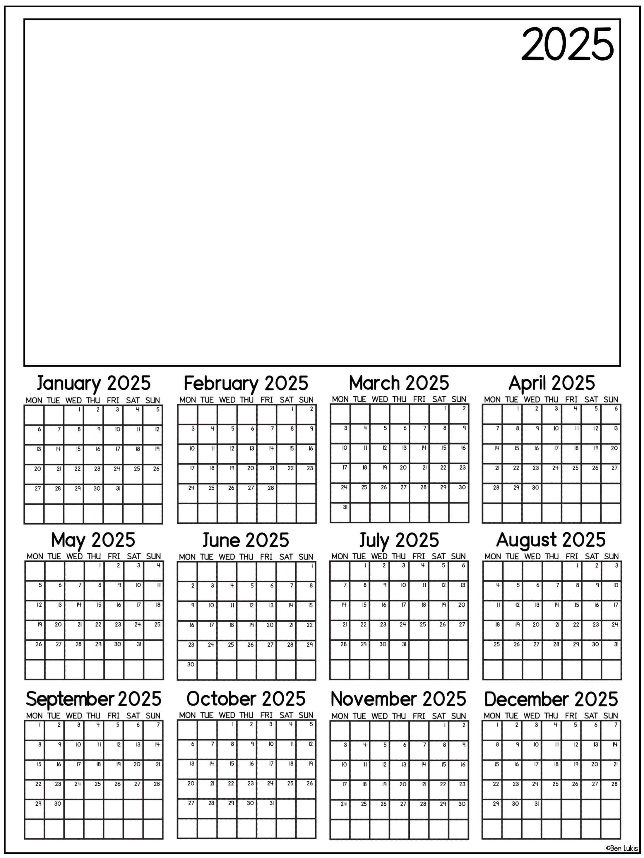 2025 Calendar for Kids, Printable Blank Monthly 2025 Calendar Gift