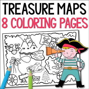 May include: A coloring book cover with the text "TREASURE MAPS 8 COLORING PAGES". The image features a black and white treasure map with a cartoon pirate holding a spyglass. Two colored pencils, blue and green, are in the foreground.