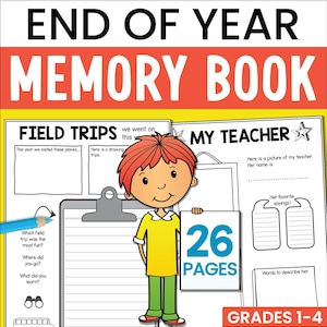 Libro de recuerdos de fin de año imprimible para estudiantes de primaria / Actividades para guardar recuerdos escolares / Páginas para escribir reflexiones / Descarga PDF imprimible