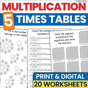 Hojas de ejercicios de multiplicación de la tabla del 5, cuaderno de práctica de fluidez matemática para multiplicar por 5, descarga digital en PDF imprimible para educación en casa, 3.er grado