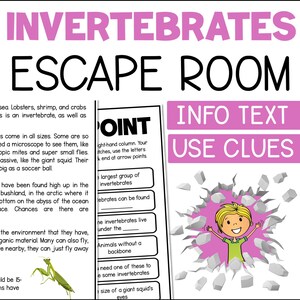 May include: A colourful printable escape room activity for children about invertebrates. The worksheet includes a word search, a point-to-point activity, and an info text section with clues. The text includes the words "Invertebrates", "Escape Room", "Info Text", "Use Clues", "Point", "Largest group of invertebrates", "Invertebrates can be found", "Invertebrates live under the", "Animals without a backbone", "I need one of these to", "Some invertebrates", "Size of a giant squid's eyes".