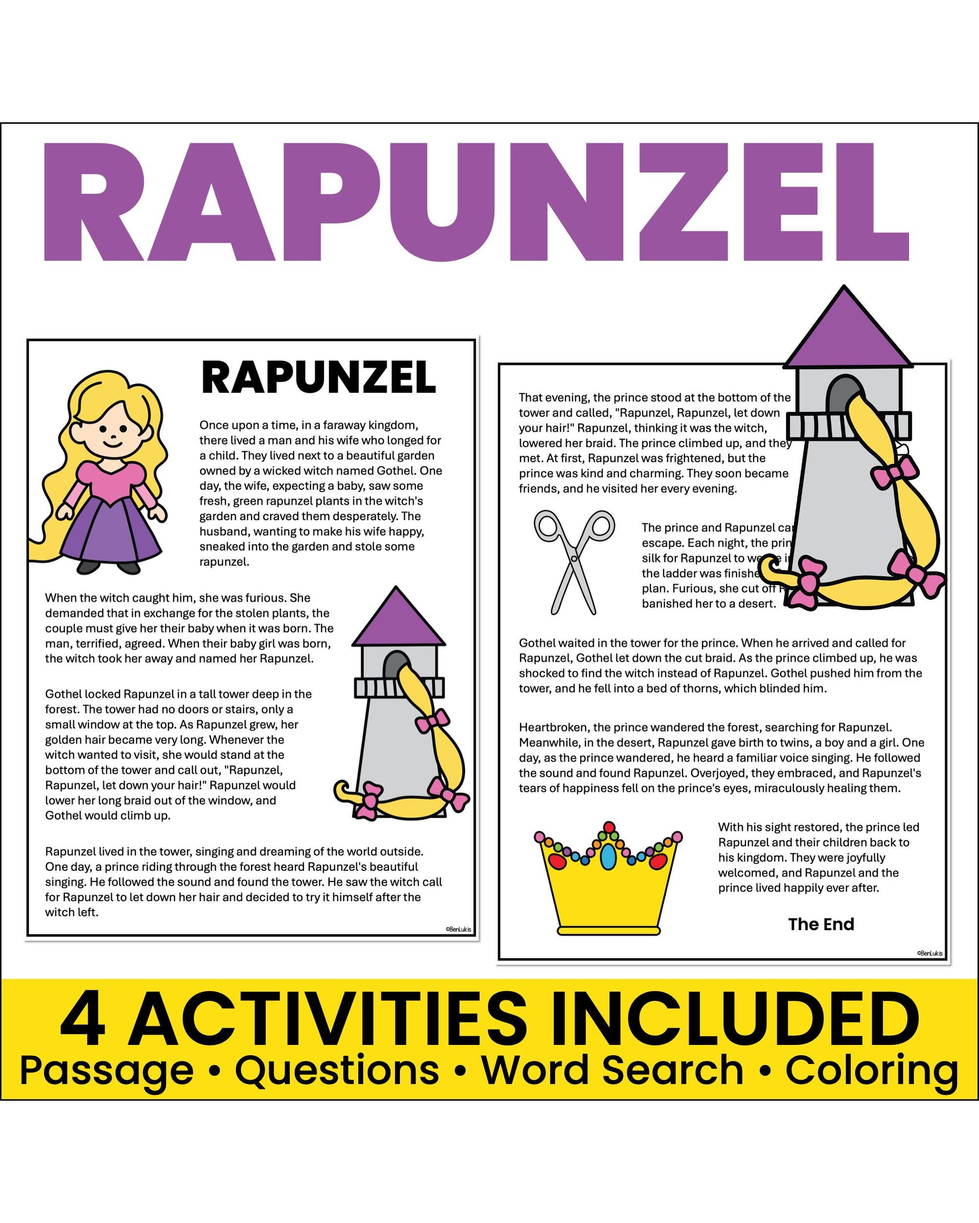 Rapunzel Fairy Tale Reading Comprehension, Printable Passage, Word