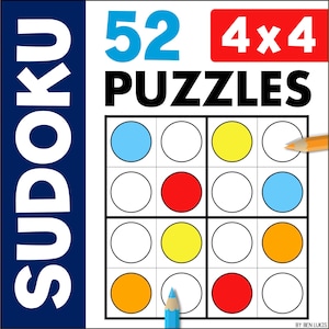 Könnte beinhalten: Ein Satz von 52 Sudoku-Rätseln, jedes mit einem 4x4-Gitter. Das Gitter ist mit Kreisen in verschiedenen Farben gefüllt, darunter Blau, Rot, Gelb und Orange. Der Text "4x4" ist rot, und der Text "52 PUZZLES" ist schwarz.